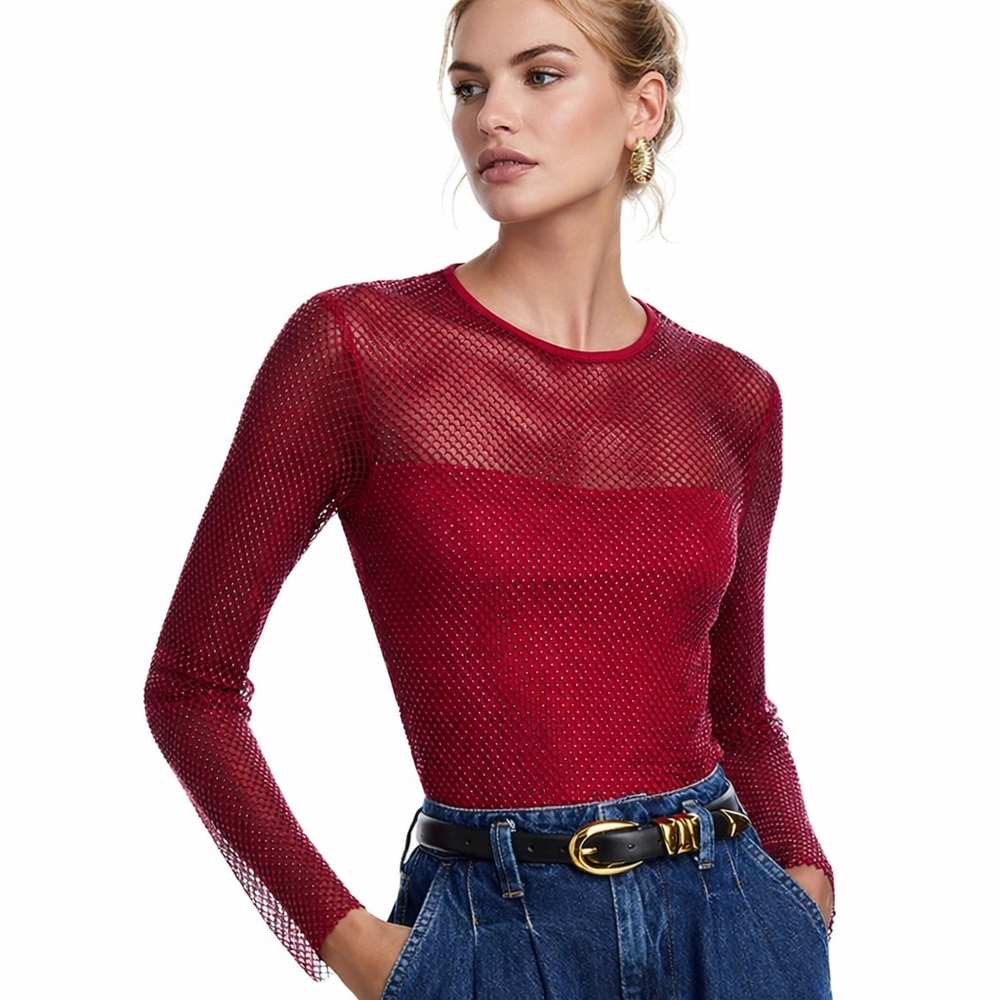 Aqua Crystal Mesh Red Long Sleeve Top Bloomingdale’s Exclusive Grunge Evening